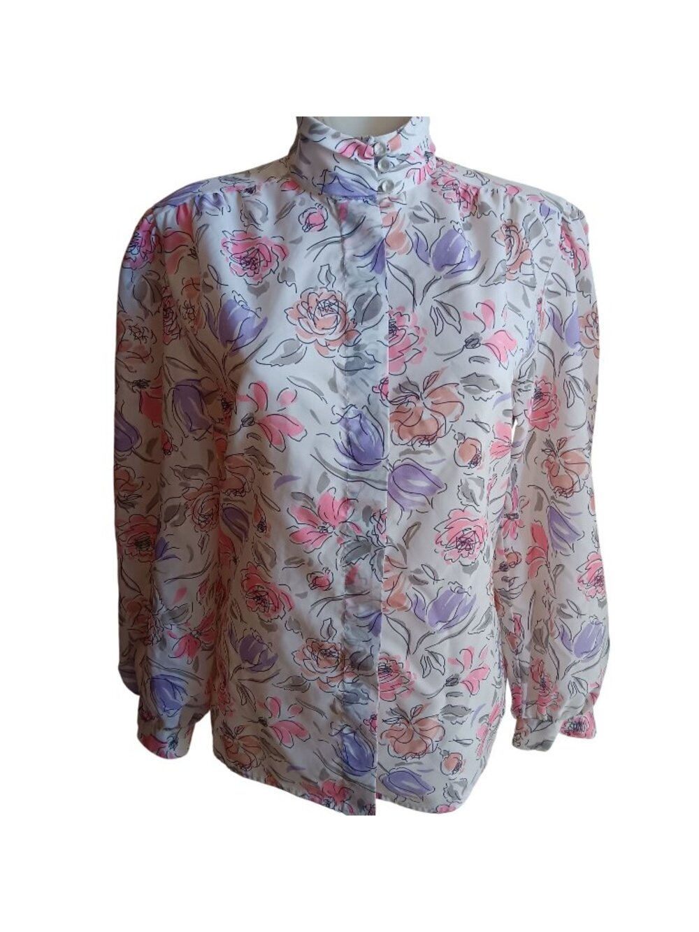 True Vintage Large Secretary Top Blouse 1980's Laura Mae Floral High Neck
